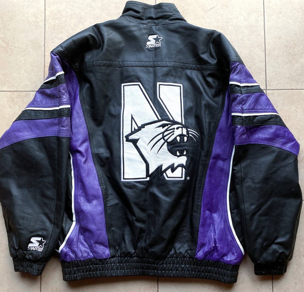Northwestern Wildcats 90s STARTER bomber LEATHER jacket L blk purple NCAA vtg